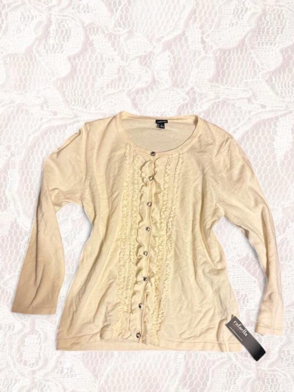 Rafaella Cream Ruffle-Trim Button Front Long Sleeve Top